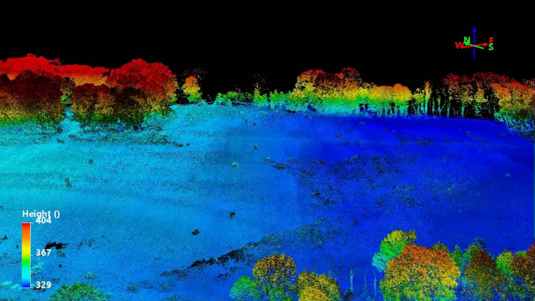 LiDAR point cloud of terrain and trees colored by height