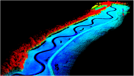 LiDAR point cloud of a winding river corridor with vegetation colored by height