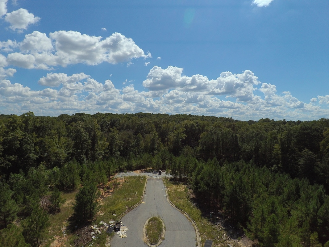 Aerial photograph of a road ending at a wooded development site