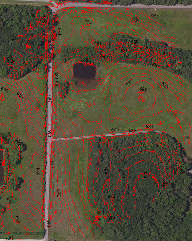 Red terrain contour lines over aerial imagery of a property