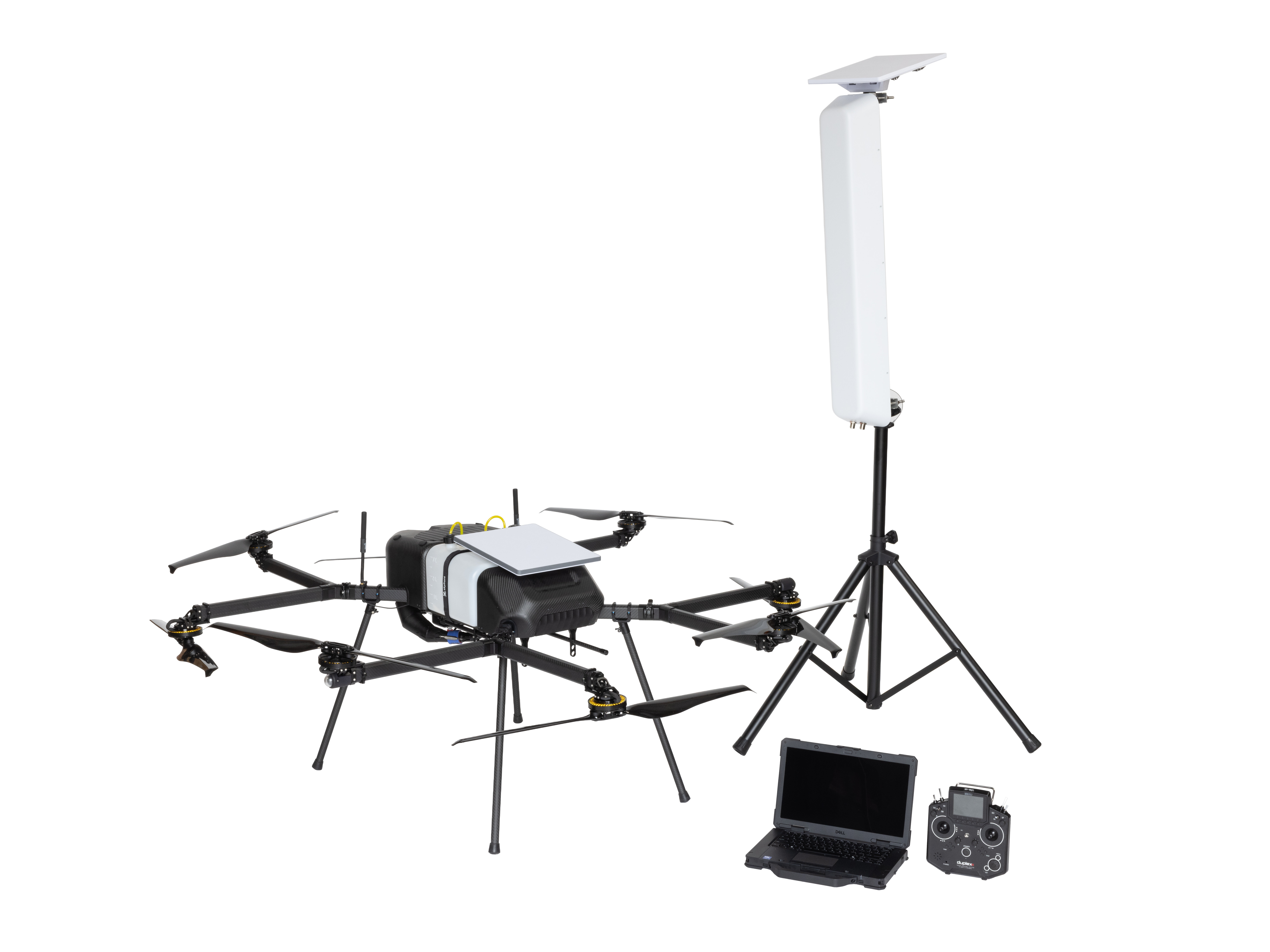 Perimeter 8 aircraft with communications equipment, antenna mast, laptop and controller