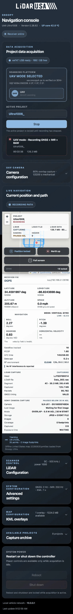 Snoopy Navigation Console showing data acquisition, live navigation, camera controls, scanner settings, and system controls