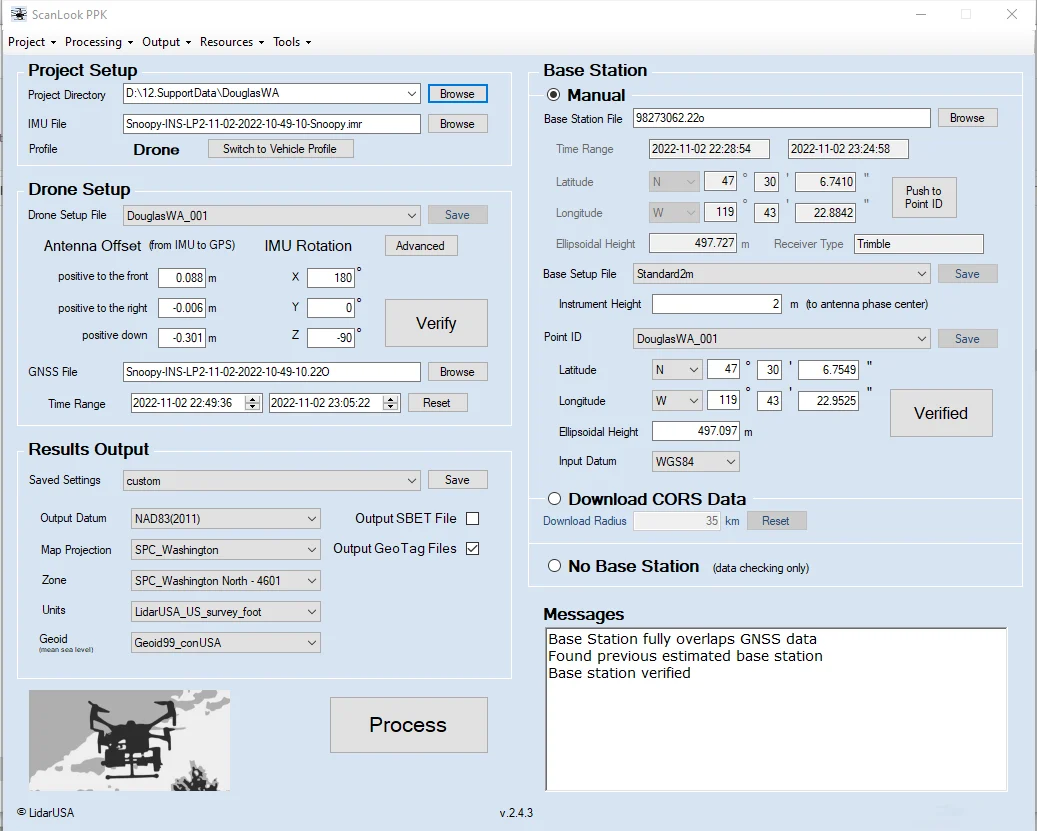 LiDARUSA ScanLook PPK trajectory-processing interface
