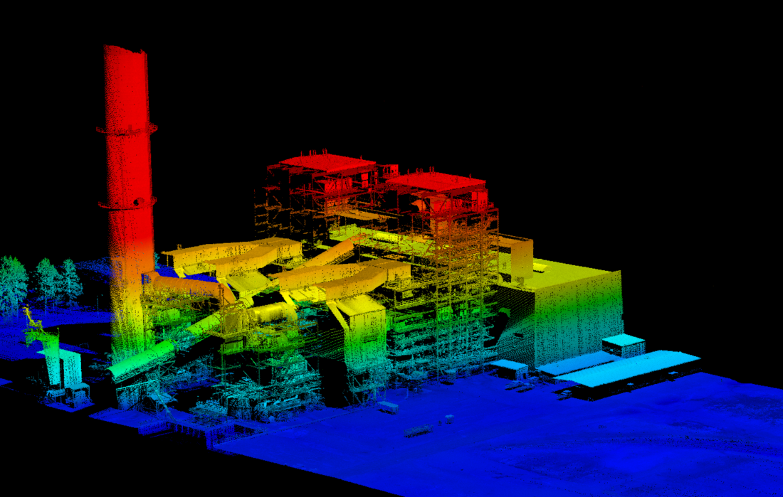 Color-coded LiDAR point cloud of an industrial facility