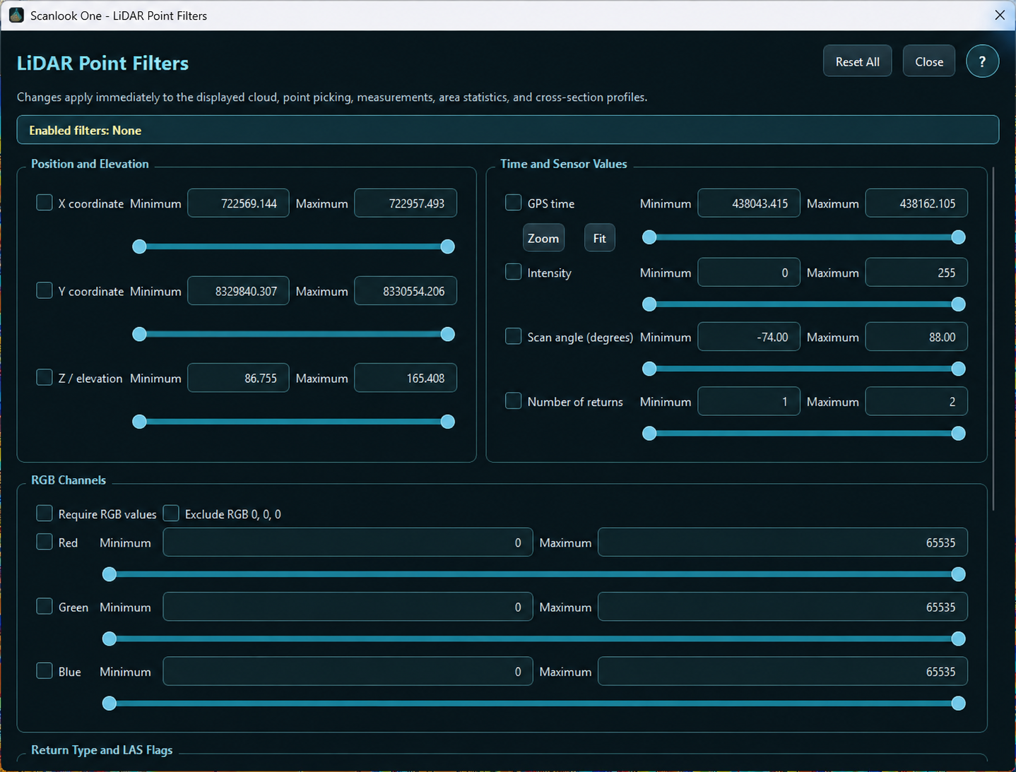 LiDAR Point Filters panel with position, elevation, sensor value, and RGB controls